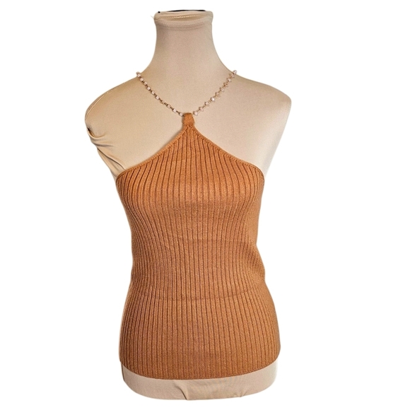 Heartloom Pamela Cami Toffee Ribbed Halter Tank Top With Beaded Neckline Sz M - Picture 2 of 12